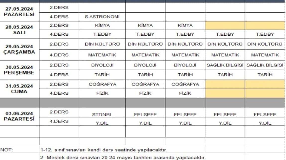 2023-2024 Eğitim Öğretim Yılı Ortak sınav Takvimi